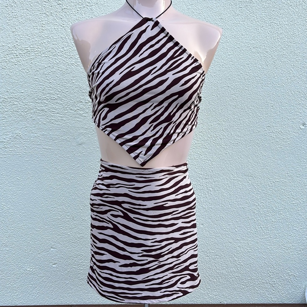 Zebra Print Halter Top & Mini Skirt 2 Piece Set Y2K Large